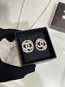 Celine silver full diamond double C hollow square earrings-3901